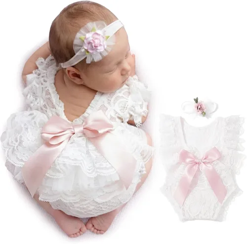 Miniatura 5 de ForBaysy Accesorios de Fotografía para Recién Nacidos Conjunto de Niña Mameluco de Encaje a Juego con Linda Diadema de Flores Vestido para Recién