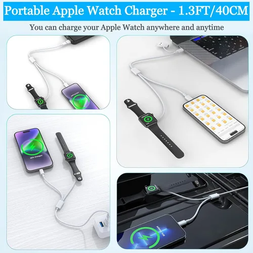 Miniatura 2 de Cargador corto 3 en 1 para Apple Watch, cable de carga portátil compatible con iWatch Series 10/Ultra 2/SE 2/9/8/7/6/5/4/3/2/1 y iPhone