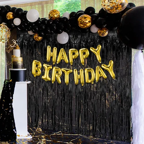 Miniatura 6 de Paquete de 2 cortinas de serpentinas negras para fiestas, telón de fondo de flecos de oropel de papel de aluminio, decoraciones para fiestas