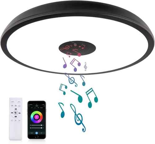 Miniatura 9 de Lámpara de techo LED inteligente impermeable de montaje empotrado, con altavoz Bluetooth, 28 cm, 18 vatios, lámpara de música regulable, luz RGB