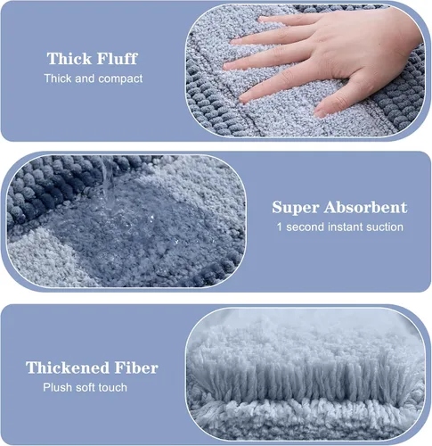 Miniatura 4 de Kmson Juego de 3 alfombras de baño de chenilla ombré, antideslizantes, ultra suaves, lavables, alfombras de baño peludas para bañera, tapete de Azul