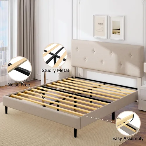 Miniatura 7 de Marco de cama de lino de tamaño matrimonial, marco de cama tapizado con cabecera ajustable, soporte de listones de madera, no necesita somier, fácil