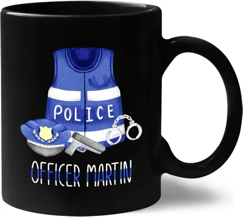 Miniatura 13 de Taza de café personalizada con nombre de la policía con nombre de la policía, con línea azul fina, 11 onzas y 15 onzas Taza negra de la bandera
