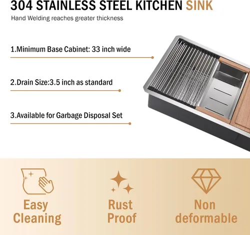Miniatura 8 de Fregadero de cocina moderno con estación de trabajo de calibre 18 de 30 pulgadas, fregadero de cocina R10 de acero inoxidable de radio ajustado
