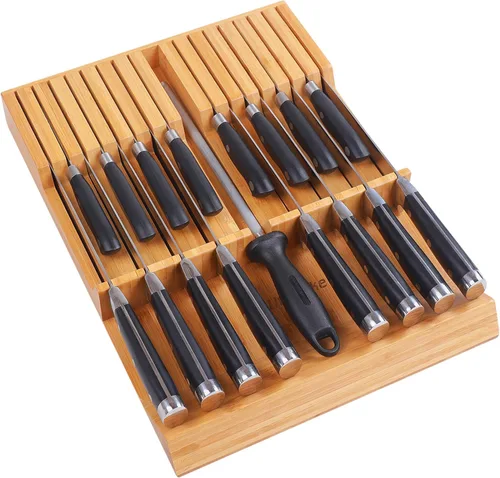 Utoplike - Bloque de cuchillos para cajones de bambú, organizador grande de cajones de cuchillos de cocina, con asa, soporte para cuchillo de carne