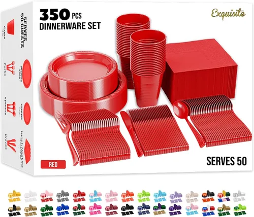350 piezas de platos de plástico rojo para fiestas, juego de platos desechables rojos, 50 de cada juego de platos para cena de 9 pulgadas, platos de