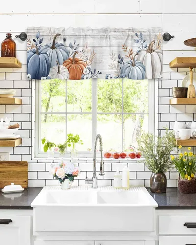 Miniatura 6 de Cenefas de cortina de otoño de calabaza naranja azul gris para ventanas de sala de estar, cenefas de cortina de Acción de Gracias para dormitorio