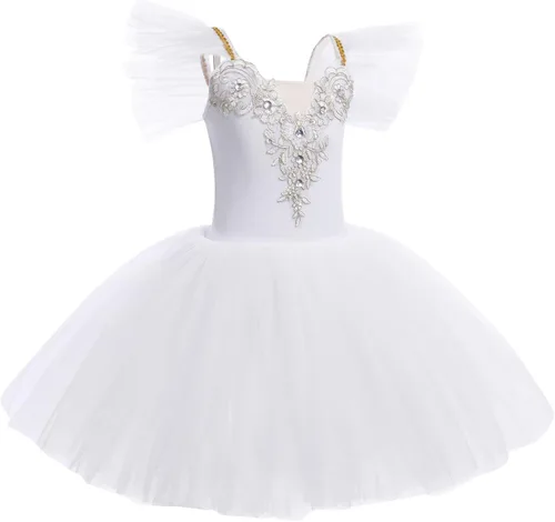 Leotardos de ballet para niñas pequeñas, falda de tul con purpurina, 2 piezas, manga con volantes, tutú con clip para el cabello, trajes de una pieza