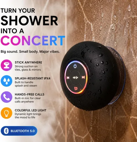 Miniatura 2 de Altavoz de ducha Bluetooth con LED – Altavoz mini inalámbrico portátil con micrófono y ventosa, resistente al agua IPX4 para ducha, viaje, piscina