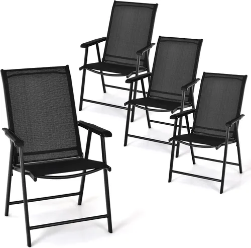 Miniatura 9 de Tangkula Juego de 2 sillas plegables para patio, sillas de comedor de tela para exteriores con respaldo alto y reposabrazos, marco de metal Negro