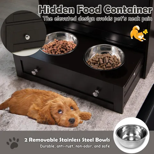Miniatura 3 de Estación de alimentación para perros con cuencos dobles, comedero extraíble grande para perros y almacenamiento de alimentos (marrón)