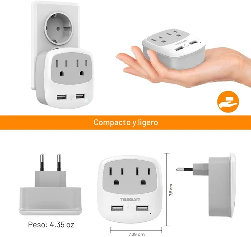 Miniatura 7 de Convertidor de adaptador de enchufe de viaje europeo, convertidor de enchufe de alimentación internacional TESSAN con 2 USB, adaptador de salida