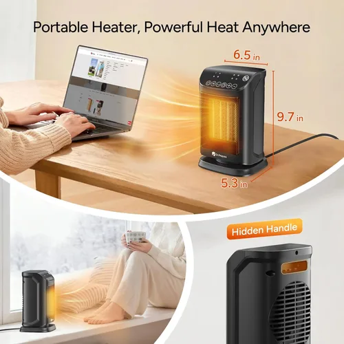 Miniatura 6 de DR.PREPARE Calentador de espacio pequeño de 1500 W para uso en interiores, calentador eléctrico de cerámica PTC portátil con termostato, oscilación