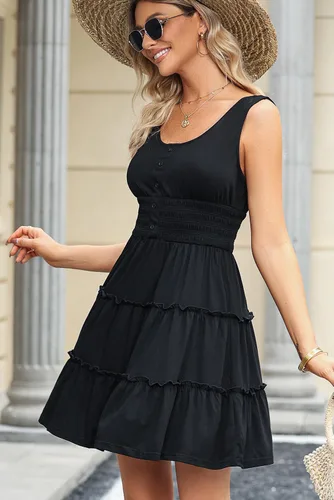 Miniatura 8 de Dokotoo Vestidos de verano para mujer, sin mangas, con botones, cintura elástica, volantes, escalonados, casual, con vuelo, mini vestido