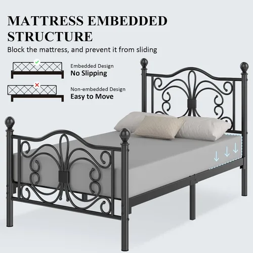 Miniatura 8 de E-Motie Base de cama de plataforma de metal tamaño individual con cabecero y estribo de diseño de mariposa/base de colchón/almacenamiento debajo