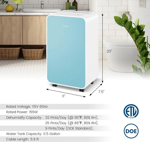 Miniatura 6 de COSTWAY Deshumidificador de 2500 pies cuadrados para sótano, 32 pintas, deshumidificador silencioso portátil para dormitorio, baño, con modo de Azul