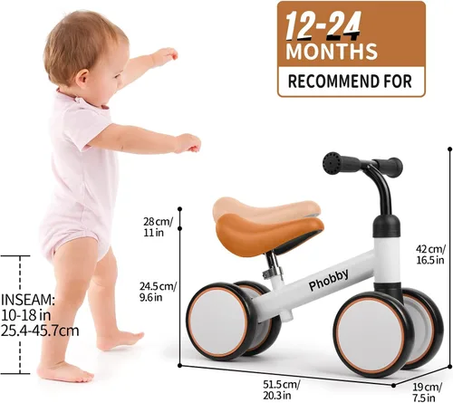 Miniatura 6 de Phobby Bicicleta de Equilibrio para Bebé para Niños y Niñas de 1 a 2 Años, Bicicleta de 4 Ruedas para Niños Pequeños con Asiento Ajustable, Juguete
