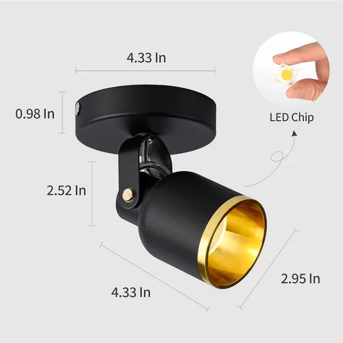 Miniatura 6 de Aisilan - Foco de techo LED regulable negro y dorado para interiores, ajustable, 180 grados, monopointo, luz blanca cálida, 3000 K, 7 W