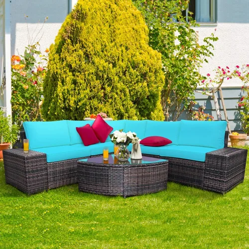 Miniatura 3 de Tangkula Juego de 6 muebles de mimbre para patio, juego de conversación de ratán PE para exteriores para todo tipo de clima, con mesa de centro