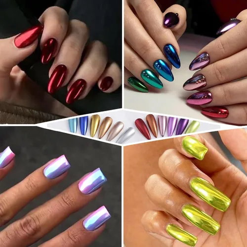 Miniatura 7 de Polvo de uñas cromado, 12 colores, polvo cromado metálico para uñas, efecto espejo, rojo neón, verde, azul, morado, cromo, pigmento extra fino