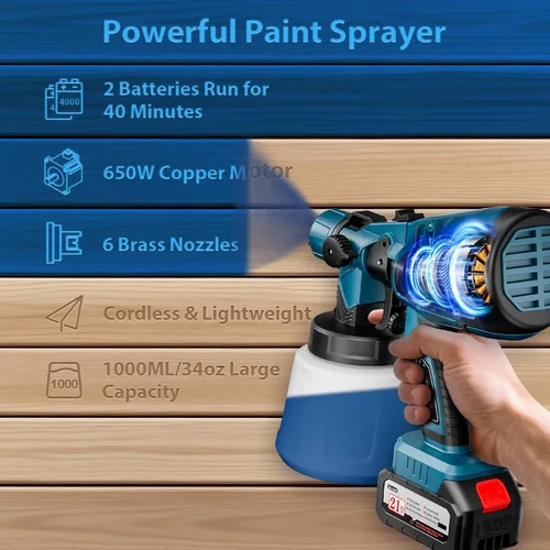 Miniatura 2 de Pulverizador de pintura, pulverizador de pintura inalámbrico de 650 W con batería, 6 boquillas de latón y 3 patrones de pulverización
