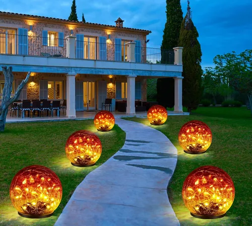 Miniatura 3 de 2 Pack 60 LED Luces solares de jardín para exterior, decorativas, luces de globo de vidrio agrietado con gradiente rojo, luces de bola impermeables