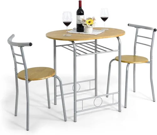 CAPHAUS Juego de comedor de 3 piezas para 2, cocina pequeña, juego de mesa de comedor con marco de acero, juego de patio de 3 piezas con estante