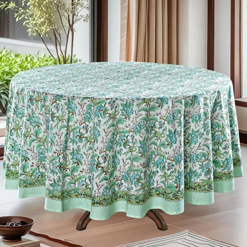 Miniatura 34 de Ridhi Mantel redondo de algodón reutilizable con estampado de bloque a mano, color verde espárragos, 60 pulgadas, mantel decorativo para uso diario