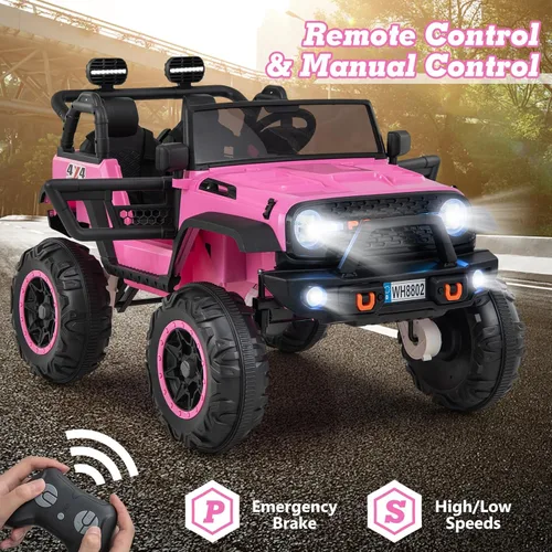 Miniatura 4 de OLAKIDS vehículo de paseo de 24 V, 2WD/4WD conmutable de 2 plazas para niños, vehículo eléctrico tipo Jeep camioneta con asiento ancho de 20", Rosa
