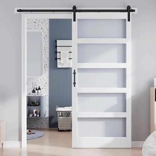 Miniatura 22 de Losa para puerta corrediza de granero de vidrio de 28 x 84 pulgadas y kit de herrajes de 5 pies incluido, 5 vidrios esmerilados, panel de madera LVL