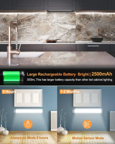 Miniatura 3 de PRIORARE Luz de armario con sensor de movimiento, 54 LED, iluminación nocturna para debajo del gabinete, 2500 mAh, recargable, ultra delgada, Blanco