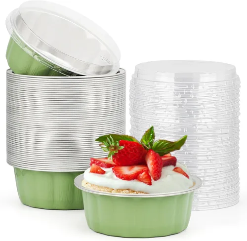 Miniatura 33 de Beasea Ramequines con tapas, 8oz 50 unidades de tazas de aluminio desechables para hornear, tazas de papel de aluminio plateado para creme brulee