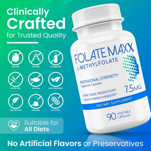 Miniatura 5 de L Metilfolato 7.5mg - Suplemento de metilfolato para mujeres y hombres - Vitamina metilada de alta potencia B9 5-MTHF para energía, estado de ánimo