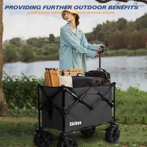 Miniatura 7 de Chihee Carro plegable de playa, carrito de jardín resistente con 2 portavasos, carrito de campamento para ruedas todo terreno con sistema