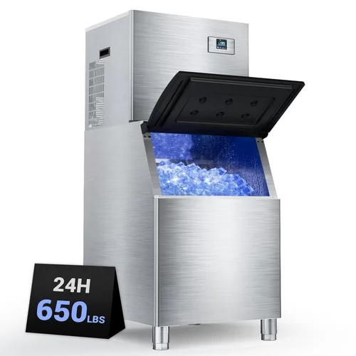 Máquina comercial de hielo de 650 libras/24 h, almacenamiento de 400 libras, listo para hielo en 5-15 minutos, con modo de autolimpieza y función de