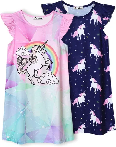 Miniatura 9 de Jxstar Paquete de 2 camisones para niñas, pijamas de manga con vuelo, vestidos de noche de algodón