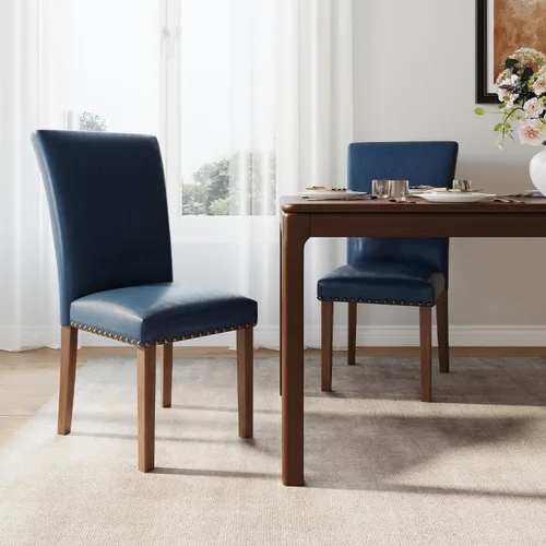 Miniatura 28 de Juego de 2 sillas de comedor de granja, respaldo alto con patas de madera y ribete de cabeza de clavo, silla de comedor de tela moderna