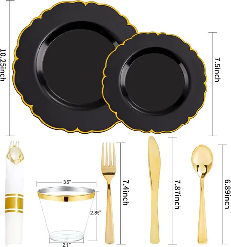 Miniatura 5 de Morejoy 175 platos de plástico de oro negro, plato negro con servilletas enrolladas: 50 platos, 25 cucharas, 25 tenedores, 25 cuchillos, 25 tazas
