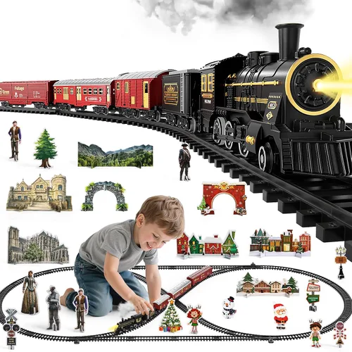 NIPLOOOW Juego de tren para niños de 4 a 8 años, juguete de tren eléctrico con sonido realista, luces y humo para debajo del árbol de Navidad,