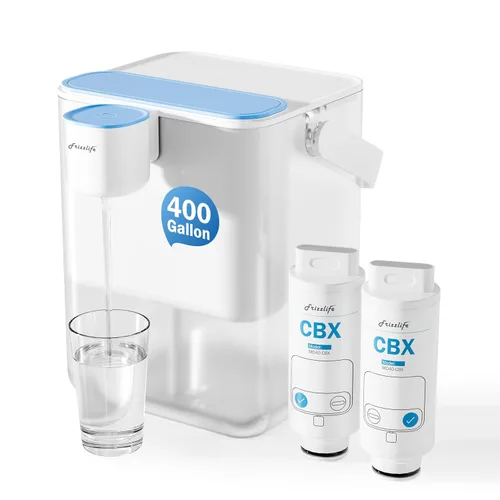 Frizzlife MD40 - Dispensador de filtro de agua eléctrico con 2 filtros, 400 galones, NSF/ANSI 53 & 42 y 372, reduce el plomo, PFAS, jarra de vida