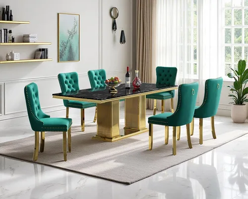 Miniatura 41 de Henf Juego de mesa de comedor de mármol sintético de 68 pulgadas para 6, juego de mesa de comedor de 7 piezas con 6 sillas copetudas de terciopelo
