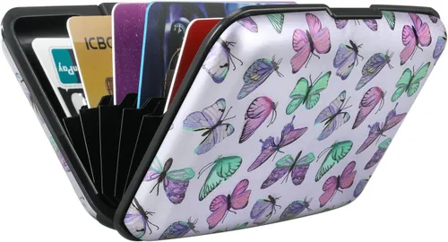 Miniatura 76 de ELFISH Mini cartera de aluminio RFID para tarjetas de crédito, funda de identificación de metal para hombres y mujeres, Happy Flower, Cartera Rfid