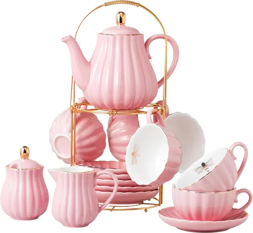 Miniatura 9 de CLAY TONIC- Juego de tazas de té y café de porcelana fina púrpura de 8 oz, tazas y platillos, con tetera, azucarero, jarra para crema, cucharaditas