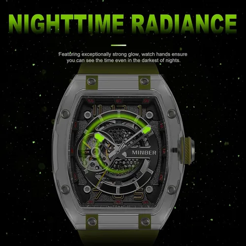 Miniatura 5 de MINBER Reloj automático de esqueleto, esfera de 1.693 in con manecillas luminosas, reloj de cuerda automática, resistente al agua 3 ATM, plástico