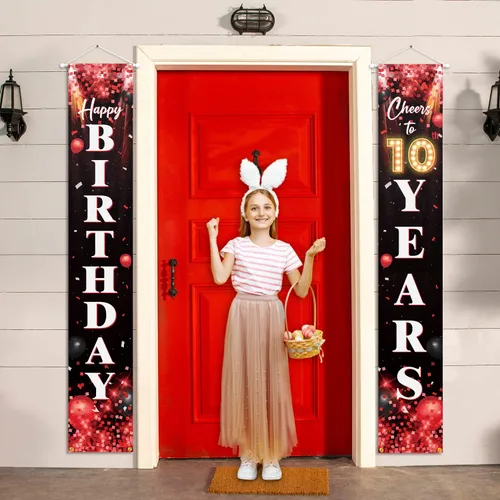 Miniatura 5 de Letrero de feliz cumpleaños número 10 para puerta, color rojo y negro, decoración temática de fiesta de cumpleaños con purpurina para niños y niñas