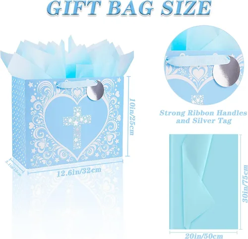 Miniatura 2 de JWSCYSY Bolsa de Regalo Grande de 32 cm Azul con Diseño de Cruz de Estrella Plateada Metálica, Tarjeta y Papel de Seda para Bautizos, Bautismos