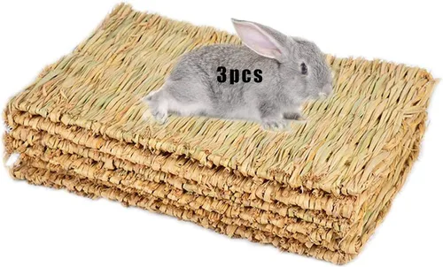 Miniatura 8 de Alfombrilla de césped tejida para animales pequeños, 5 tapetes de hierba, ropa de cama de conejo, nido, juguete para masticar, juguete para jugar