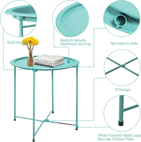 Miniatura 5 de Garden 4 you Juego de 2 mesas auxiliares, mesa auxiliar para exteriores, mesa pequeña para patio, mesa auxiliar de metal, mesa auxiliar redonda Verde