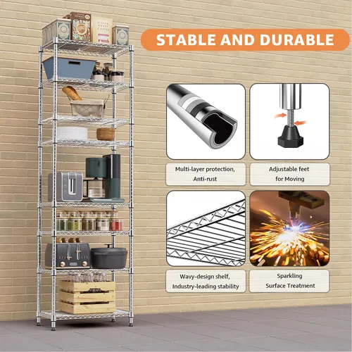 Miniatura 8 de MZG - Estantería de alambre de metal de 8 niveles y 2000 libras, organizador de almacenamiento para lavandería, baño, cocina, despensa, cromado