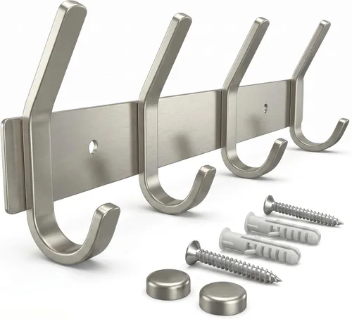 Miniatura 23 de Perchero de Pared Blanco – Riel de Ganchos de Acero Inoxidable de 15 Pulgadas con 5 Ganchos Dobles Resistentes para Abrigos – Perchero Montado